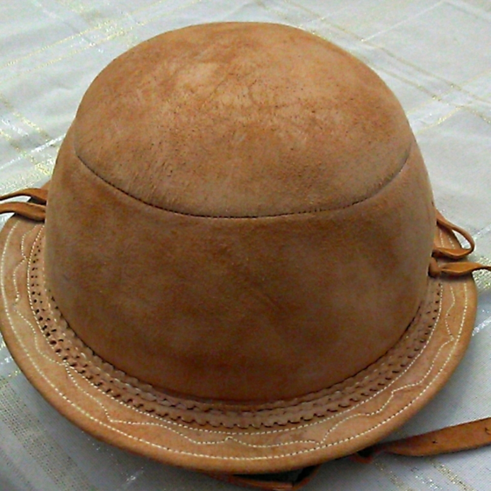 ANTIQUE/ VINTAGE LEATHER BOWLER HAT HANDMADE W/ STRAP ADJ. DECORATIVE BRIM - Picture 6 of 15